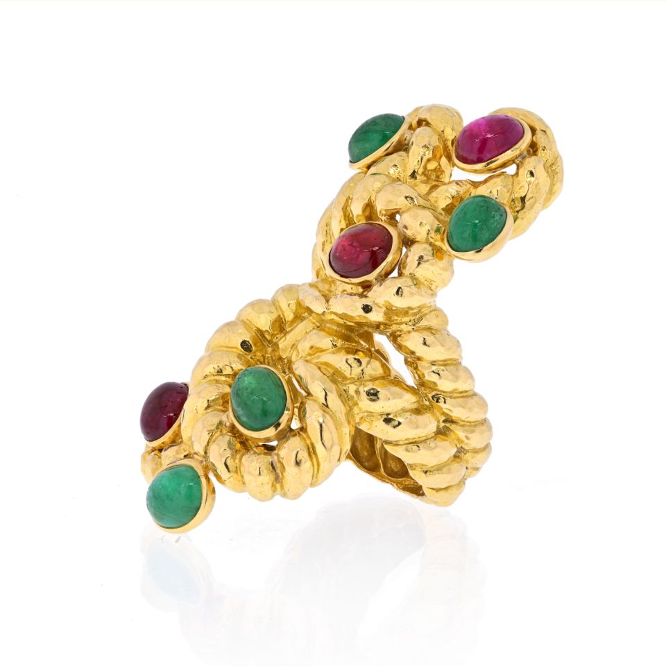 David Webb Platinum & 18K Yellow Gold Cabochon Ruby, Green Emerald Serpent Ring — Laura Milman New York