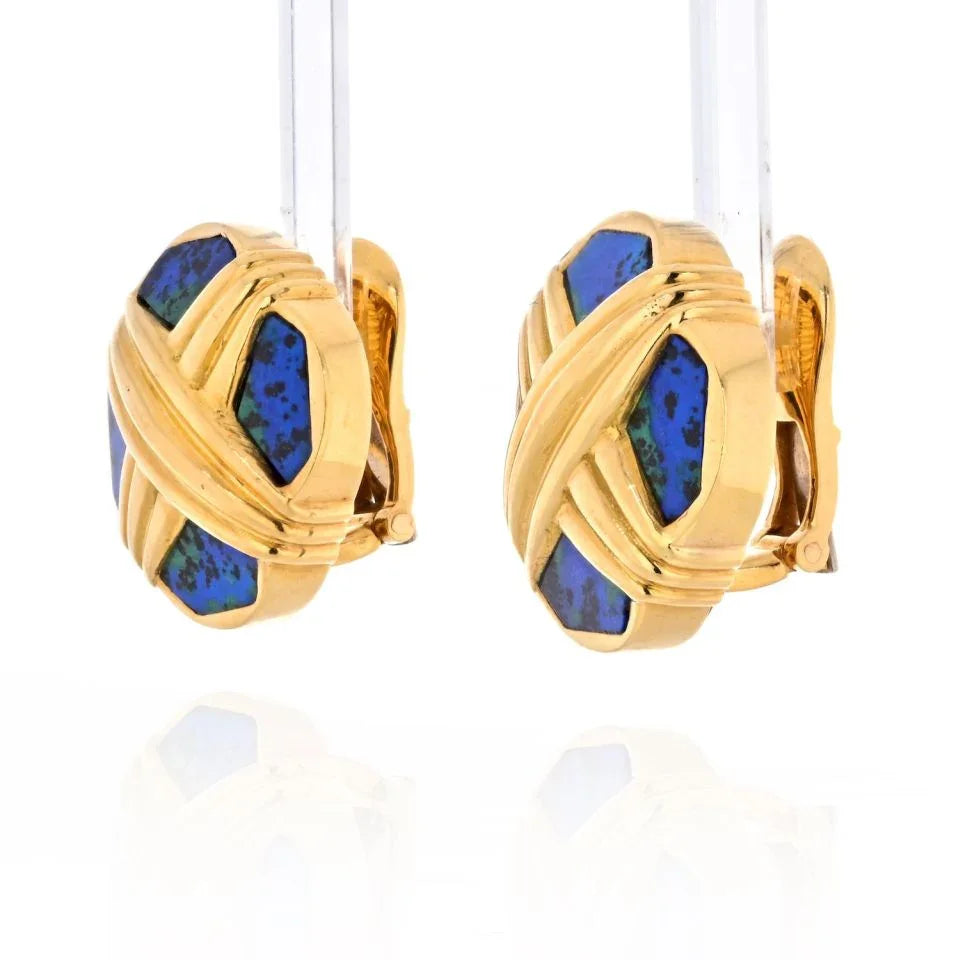 David Webb Platinum & 18K Yellow Gold Azurmalachite Earrings — view 2 — Laura Milman New York