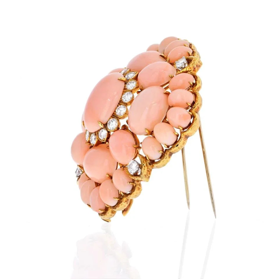 David Webb 18K Yellow Gold Pink Coral Cluster And Diamond Brooch — view 2 — Laura Milman New York