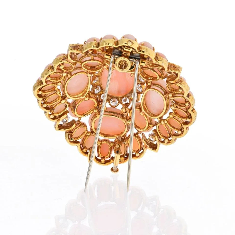 David Webb 18K Yellow Gold Pink Coral Cluster And Diamond Brooch — view 4 — Laura Milman New York