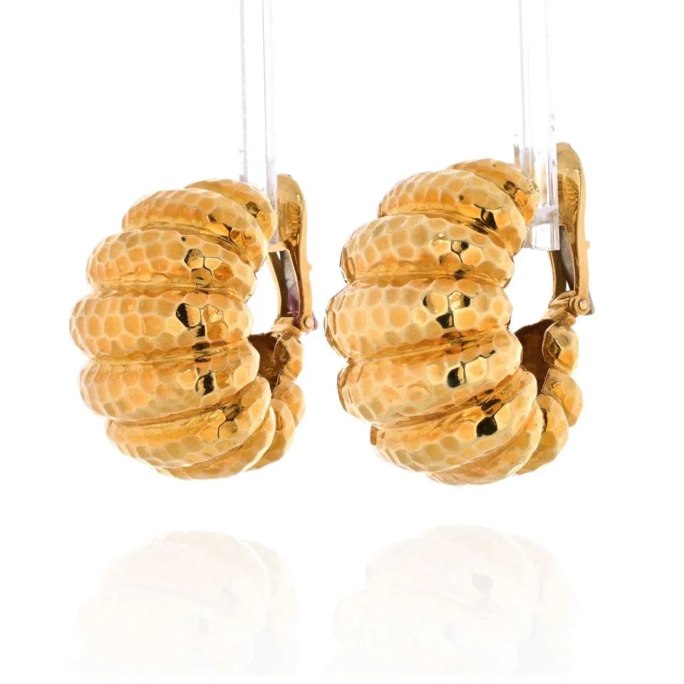David Webb 18K Yellow Gold Hammered Finish Jumbo Shrimp Earrings — view 2 — Laura Milman New York