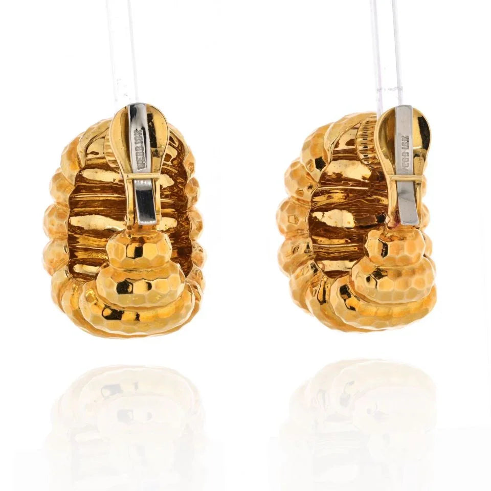 David Webb 18K Yellow Gold Hammered Finish Jumbo Shrimp Earrings — view 3 — Laura Milman New York