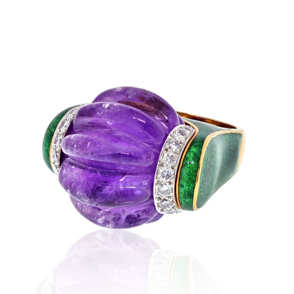 David Webb Platinum & 18K Yellow Gold Carved Smooth Purple Amethyst, Green Enamel And Diamond Ring — view 2 — Laura Milman New York