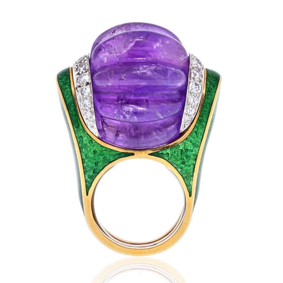 David Webb Platinum & 18K Yellow Gold Carved Smooth Purple Amethyst, Green Enamel And Diamond Ring — view 4 — Laura Milman New York