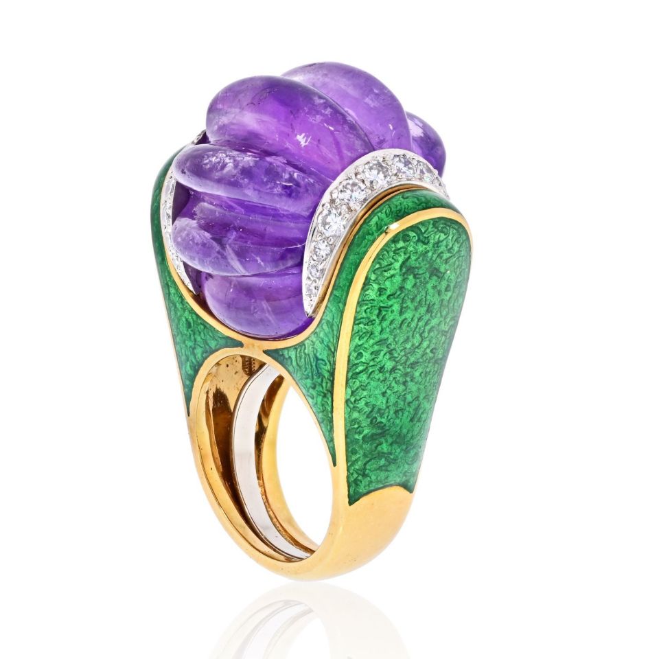 David Webb Platinum & 18K Yellow Gold Carved Smooth Purple Amethyst, Green Enamel And Diamond Ring — Laura Milman New York