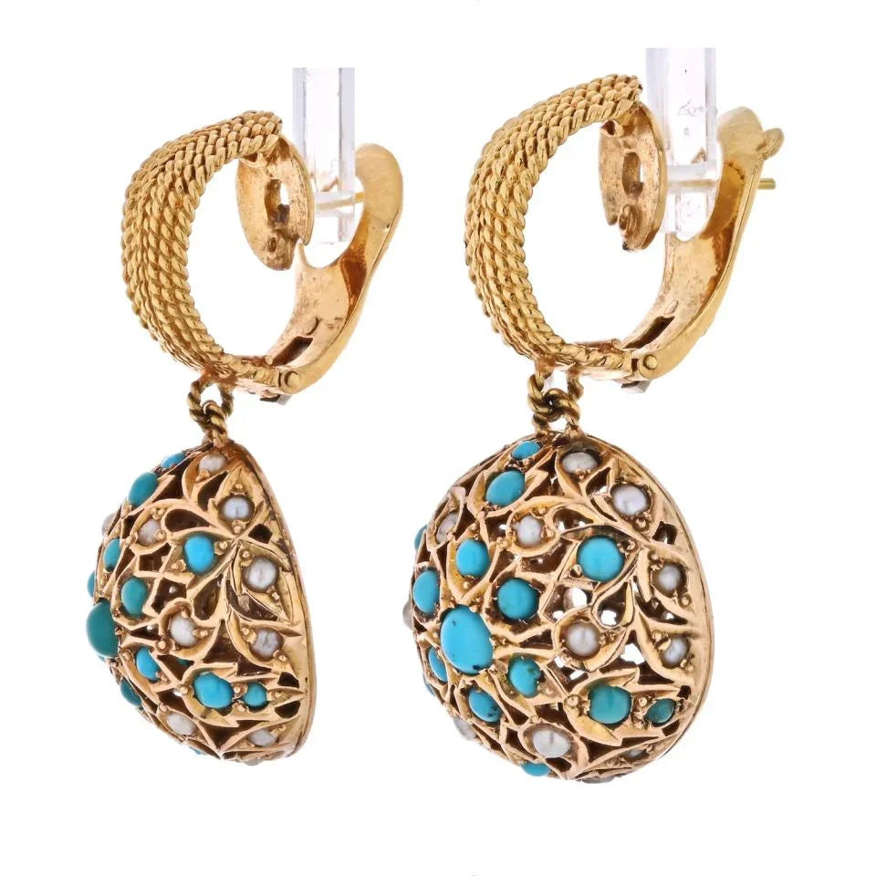 Van Cleef & Arpels 18K Yellow Gold 1960's Turquoise Pearl Drop Dangle Earrings — view 2 — Laura Milman New York