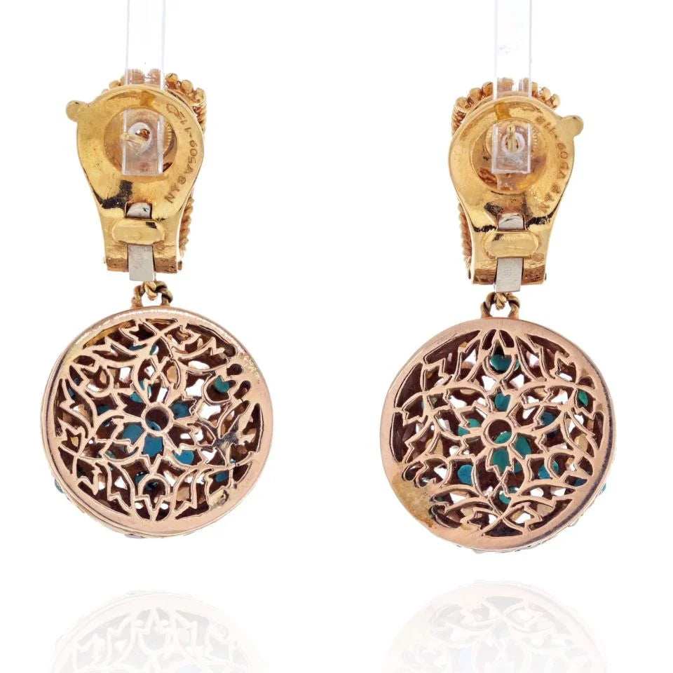 Van Cleef & Arpels 18K Yellow Gold 1960's Turquoise Pearl Drop Dangle Earrings — view 4 — Laura Milman New York