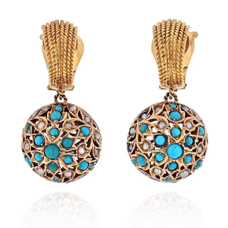Van Cleef & Arpels 18K Yellow Gold 1960's Turquoise Pearl Drop Dangle Earrings — Laura Milman New York