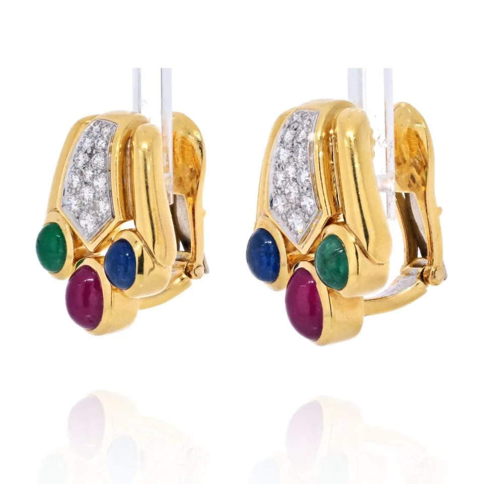 David Webb Cabochon Sapphire, Emerald And Ruby Bear Paw Earrings — view 2 — Laura Milman New York