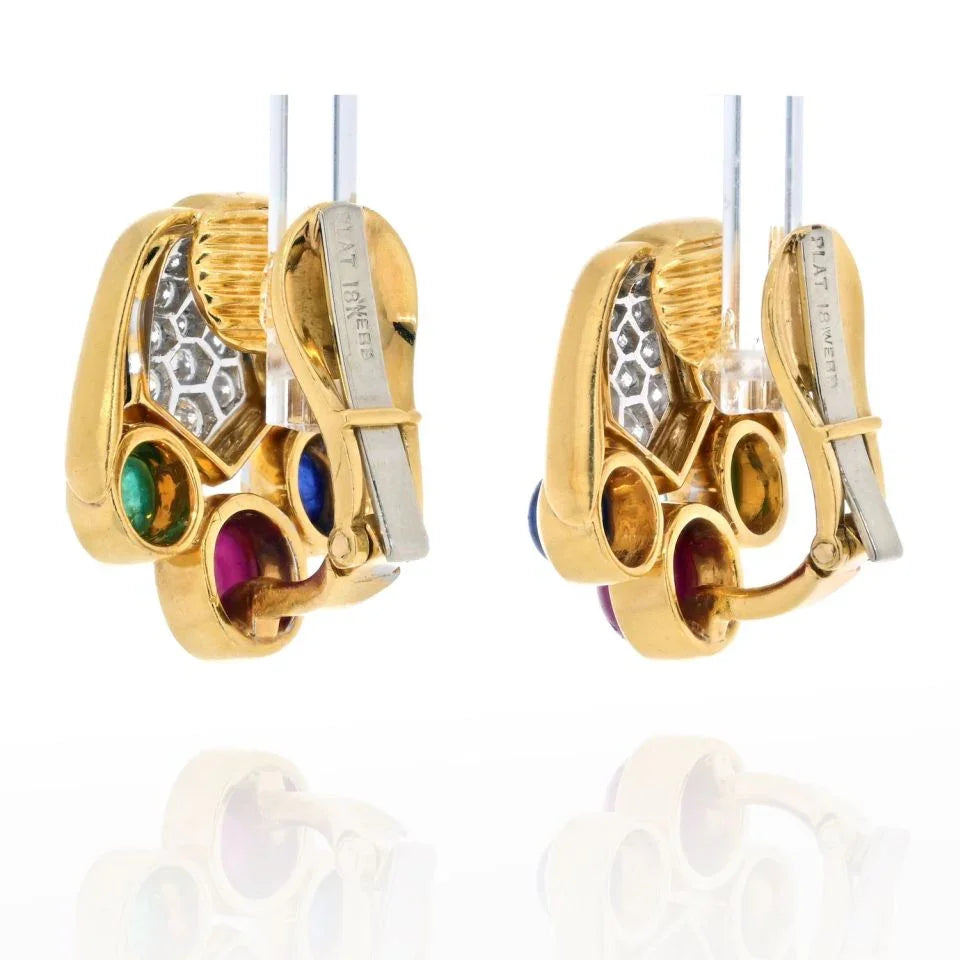 David Webb Cabochon Sapphire, Emerald And Ruby Bear Paw Earrings — view 3 — Laura Milman New York