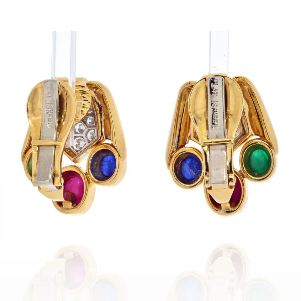 David Webb Cabochon Sapphire, Emerald And Ruby Bear Paw Earrings — view 4 — Laura Milman New York