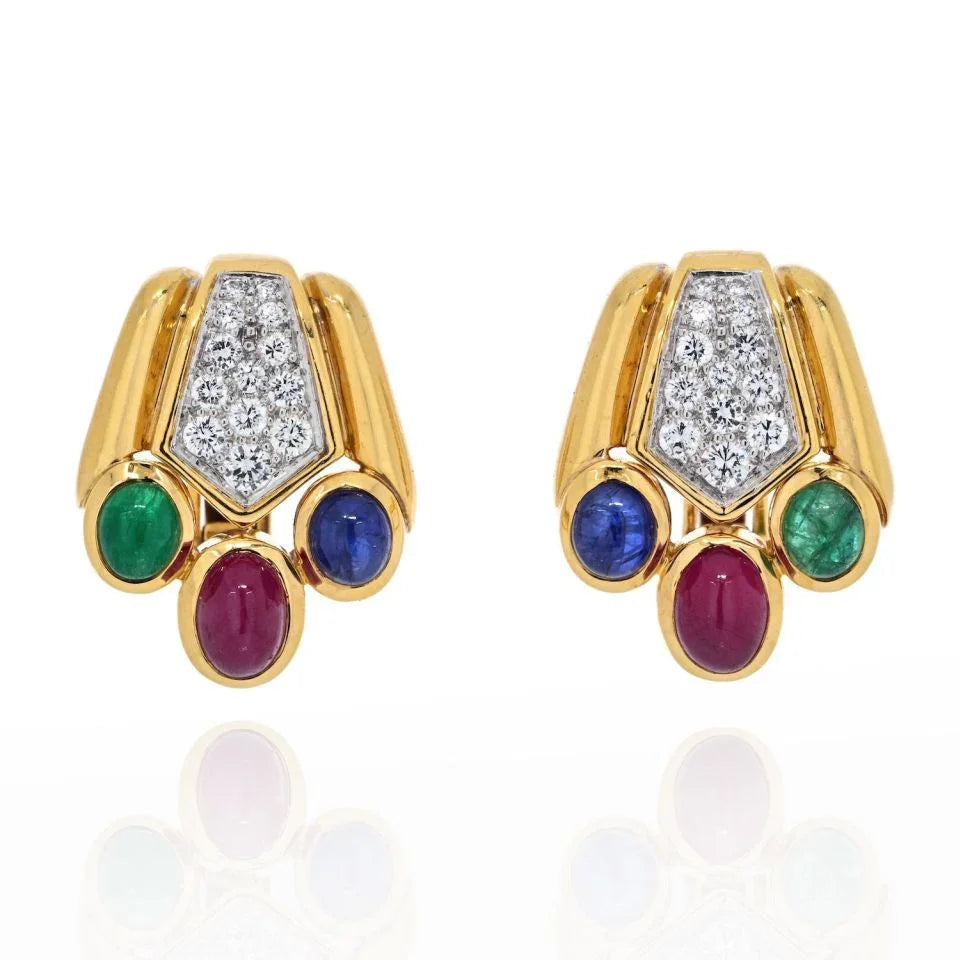 David Webb Cabochon Sapphire, Emerald And Ruby Bear Paw Earrings — Laura Milman New York