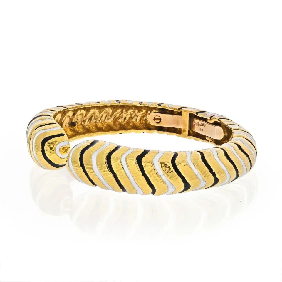 David Webb Platinum & 18K Yellow Gold Black And White Enamel Bangle Bracelet — view 2 — Laura Milman New York