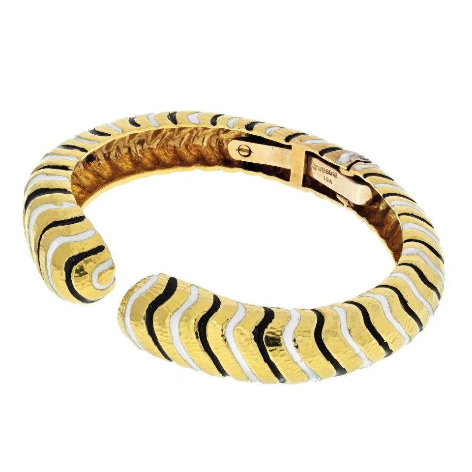 David Webb Platinum & 18K Yellow Gold Black And White Enamel Bangle Bracelet — view 3 — Laura Milman New York