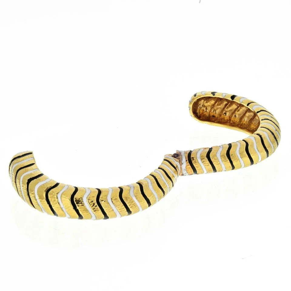 David Webb Platinum & 18K Yellow Gold Black And White Enamel Bangle Bracelet — view 4 — Laura Milman New York