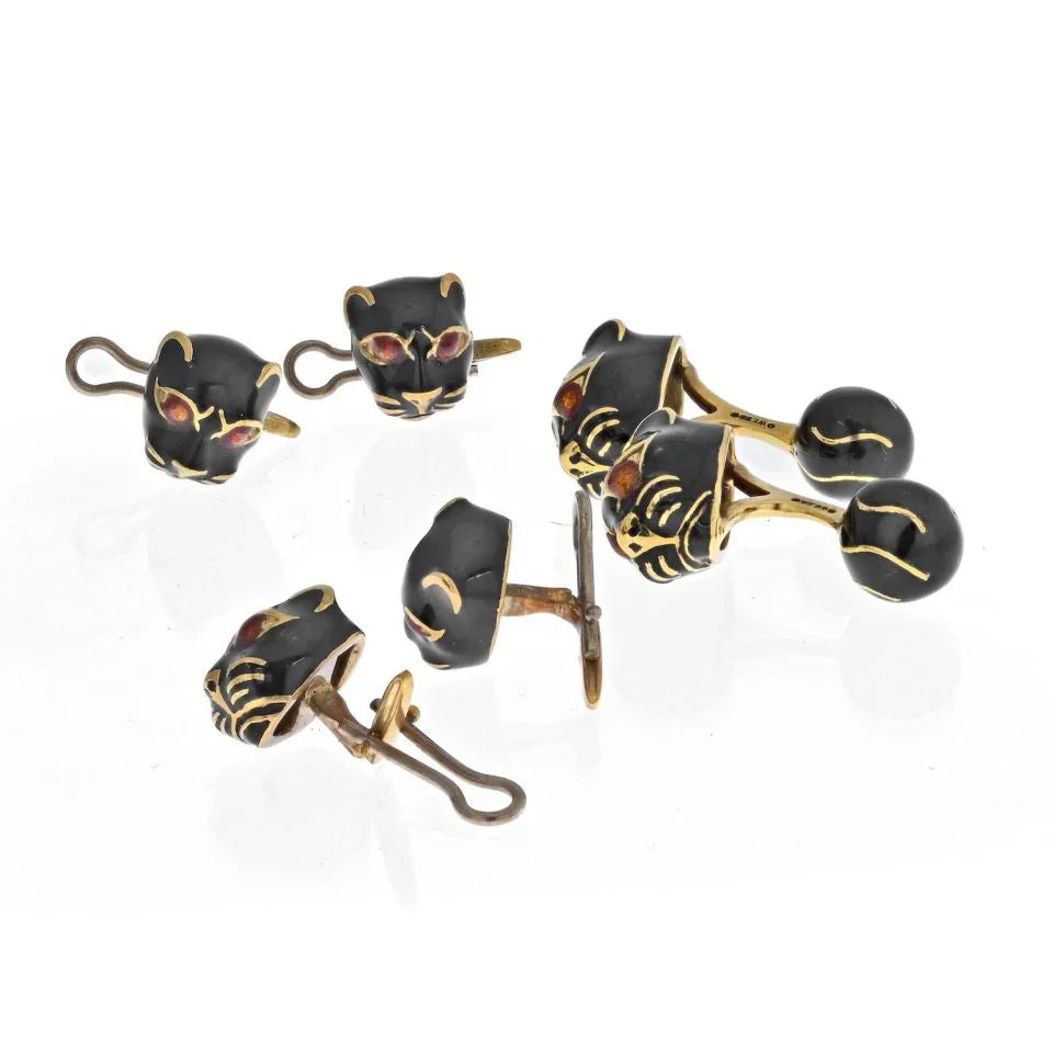 David Webb Yellow Gold Black Panther Mens Suit Set Cuff Links — view 2 — Laura Milman New York