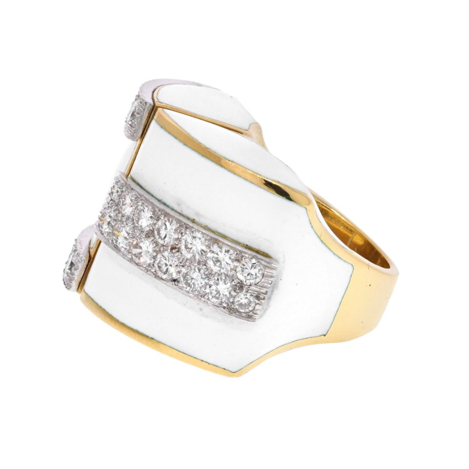 David Webb Platinum & 18K Yellow Gold White Enamel And Diamond Ring — view 2 — Laura Milman New York