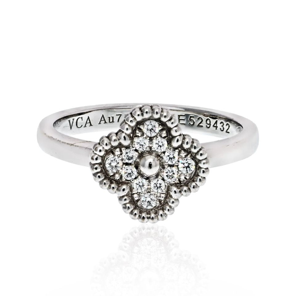 Van Cleef & Arpels 18K WG Alhambra Diamond Ring, Size 4