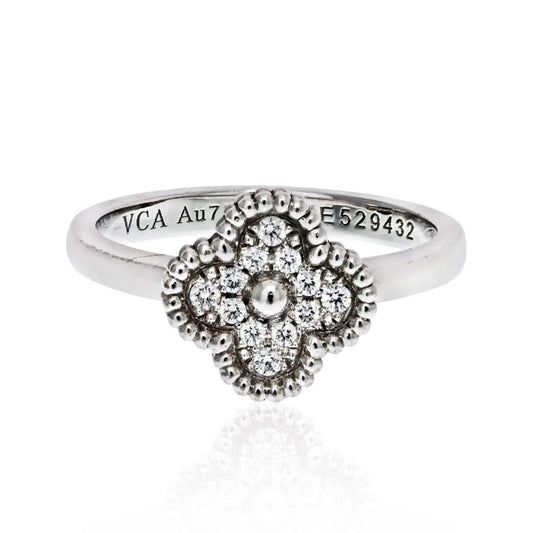Van Cleef & Arpels 18K WG Alhambra Diamond Ring, Size 4