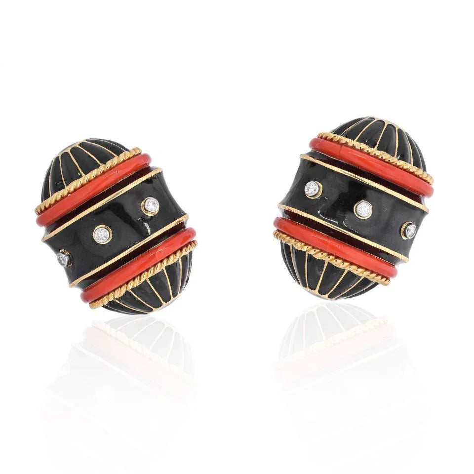 David Webb 18K Yellow Gold Black Enamel, Diamond And Coral Barrel Shaped Earrings — Laura Milman New York