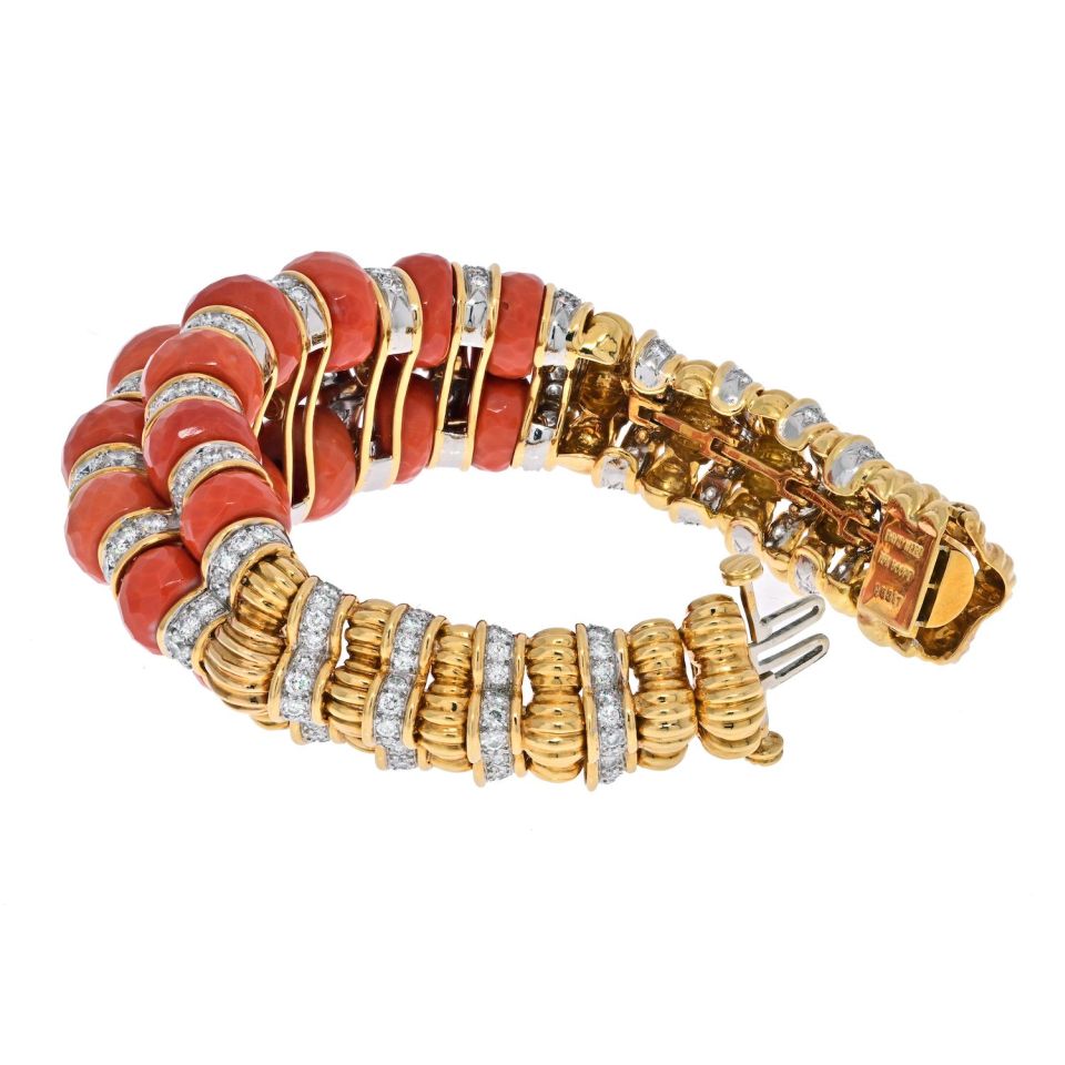David Webb Platinum & 18K Yellow Gold Faceted Coral And Diamond Bracelet — view 3 — Laura Milman New York