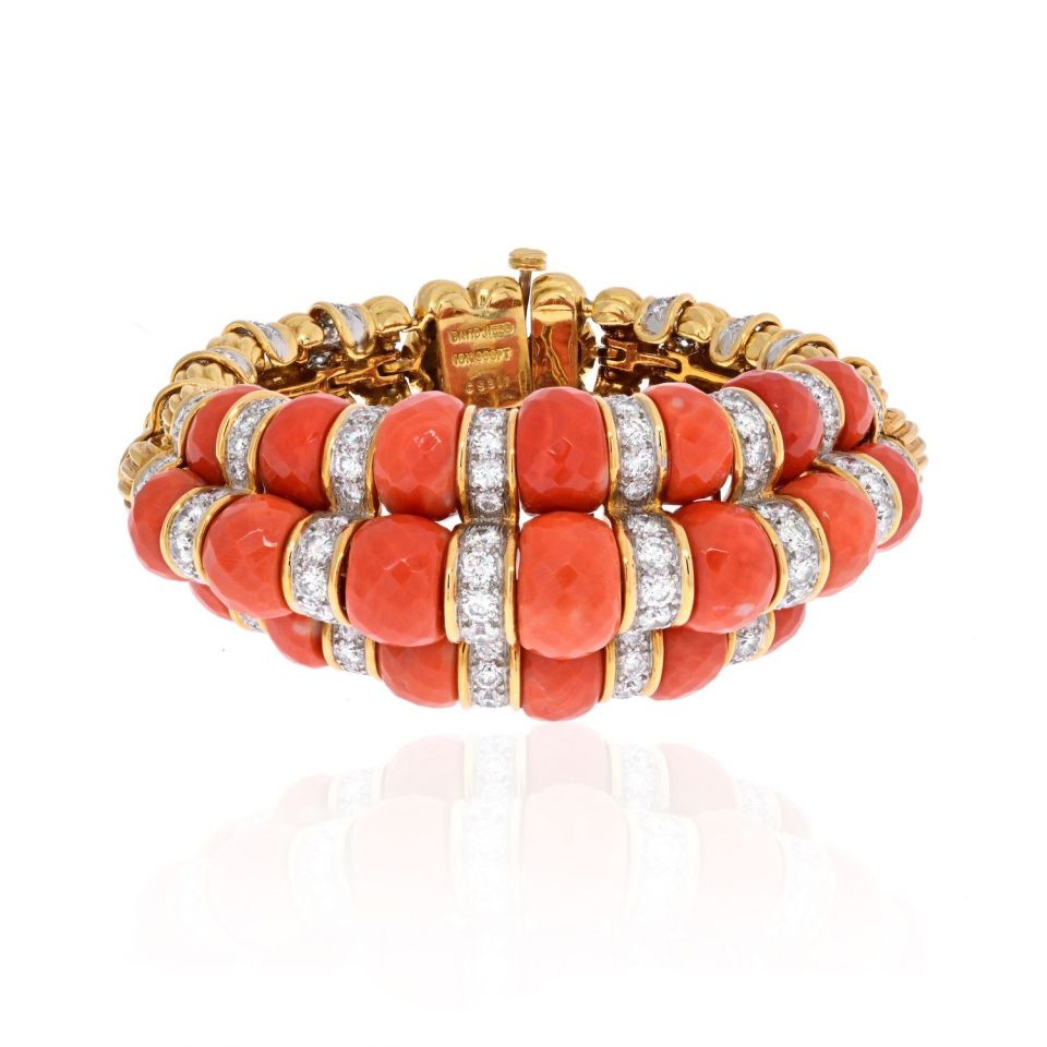 David Webb Platinum & 18K Yellow Gold Faceted Coral And Diamond Bracelet — Laura Milman New York