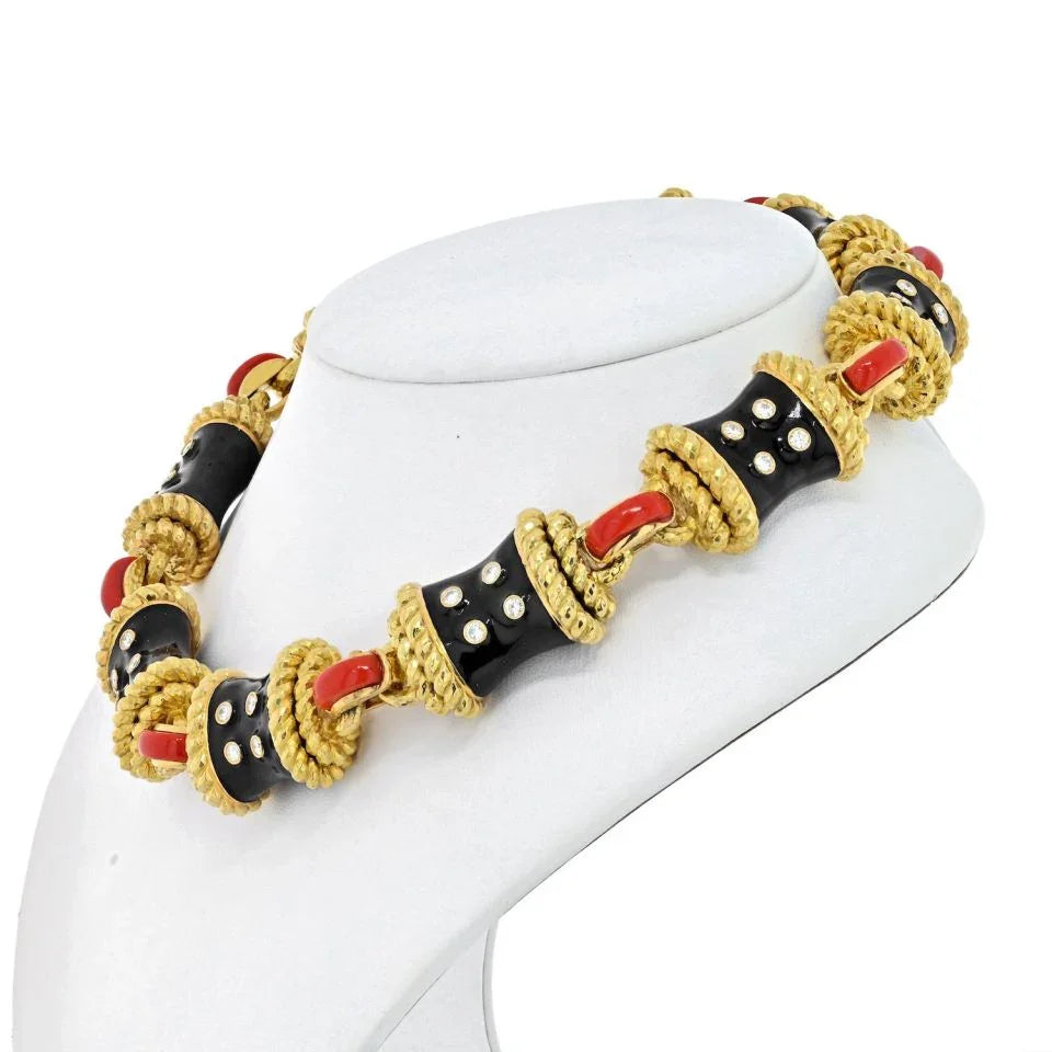David Webb Platinum & 18K Yellow Gold Coral, Diamonds, Black Enamel Necklace — view 2 — Laura Milman New York
