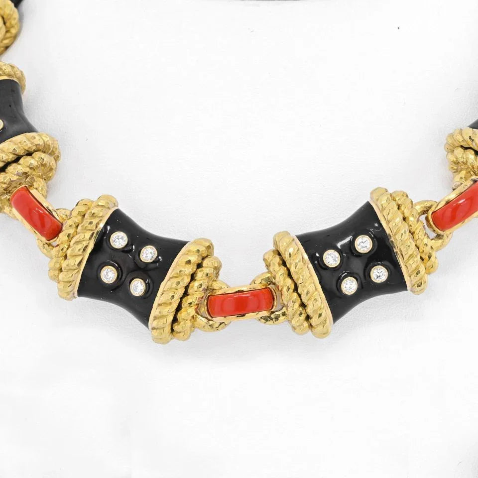 David Webb Platinum & 18K Yellow Gold Coral, Diamonds, Black Enamel Necklace — view 3 — Laura Milman New York