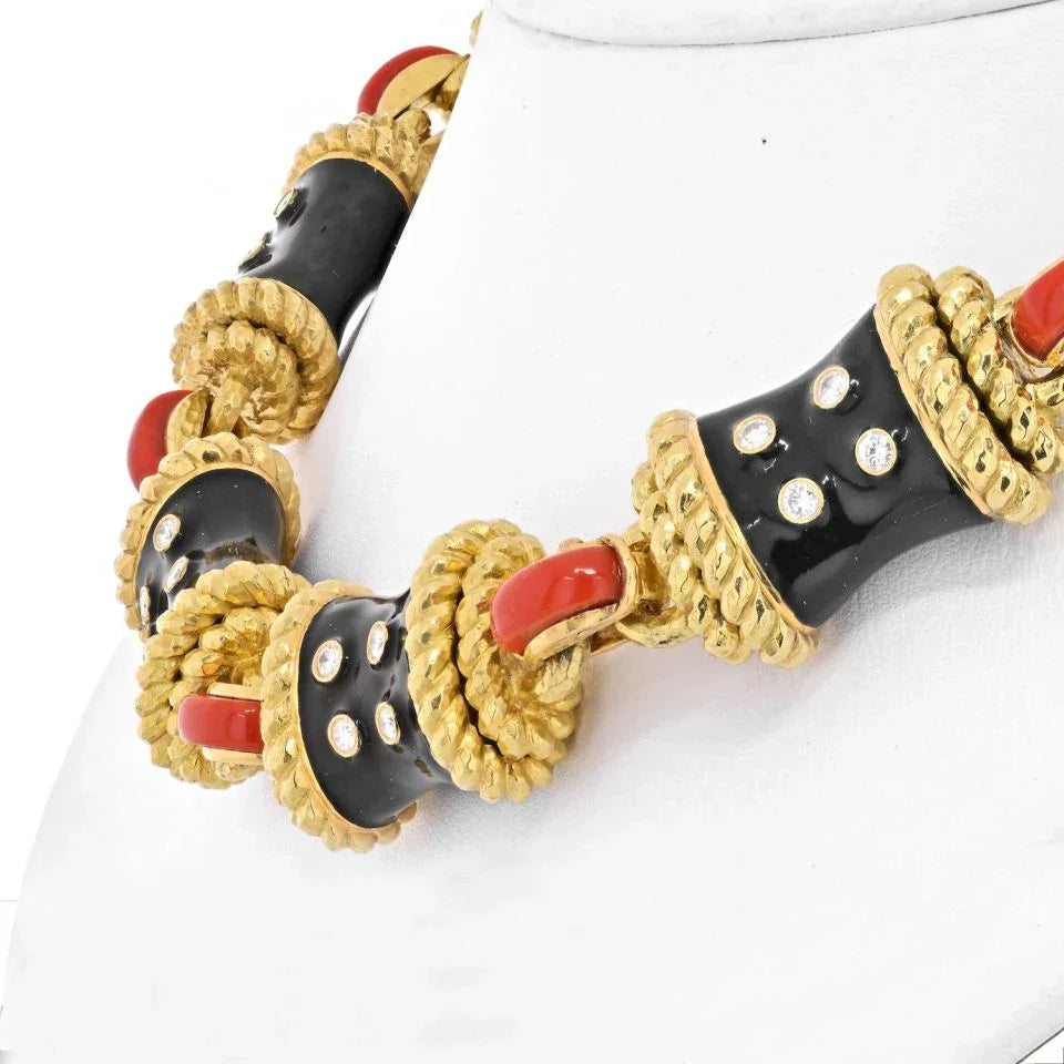 David Webb Platinum & 18K Yellow Gold Coral, Diamonds, Black Enamel Necklace — view 4 — Laura Milman New York
