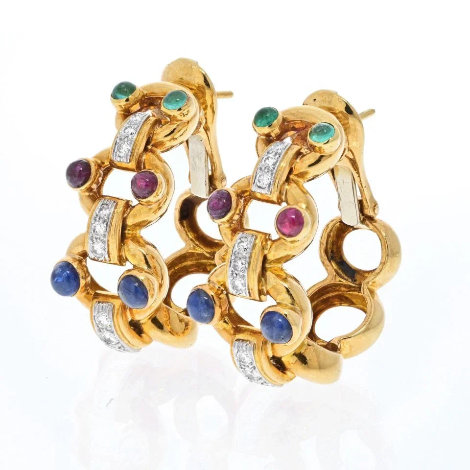 David Webb Platinum & 18K Yellow Gold Diamond, Sapphire, Emerald And Ruby Hoop Earrings — view 2 — Laura Milman New York