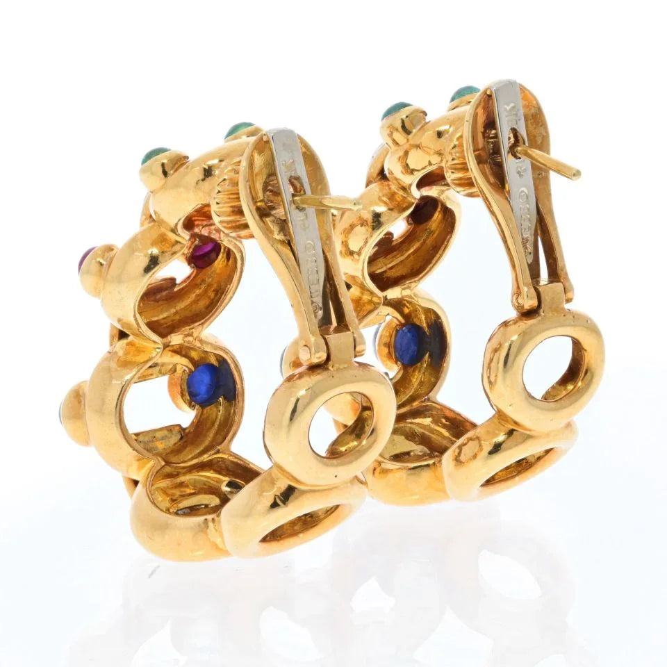 David Webb Platinum & 18K Yellow Gold Diamond, Sapphire, Emerald And Ruby Hoop Earrings — view 3 — Laura Milman New York
