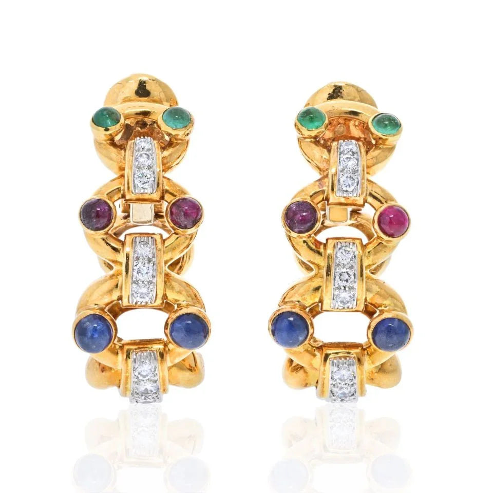 David Webb Platinum & 18K Yellow Gold Diamond, Sapphire, Emerald And Ruby Hoop Earrings — Laura Milman New York