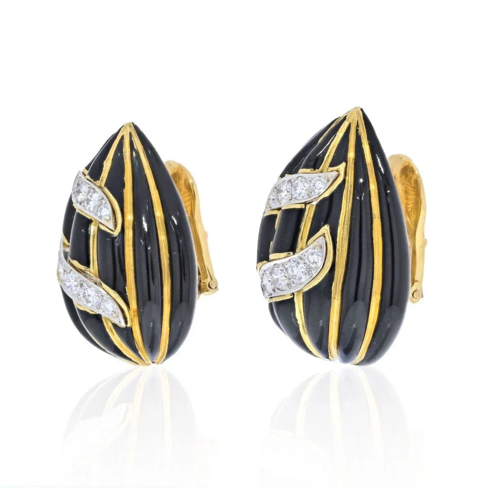 David Webb 18K Yellow Gold Black Enamel And Diamond Tear Drop Earrings — view 2 — Laura Milman New York