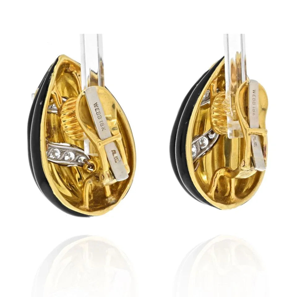 David Webb 18K Yellow Gold Black Enamel And Diamond Tear Drop Earrings — view 3 — Laura Milman New York