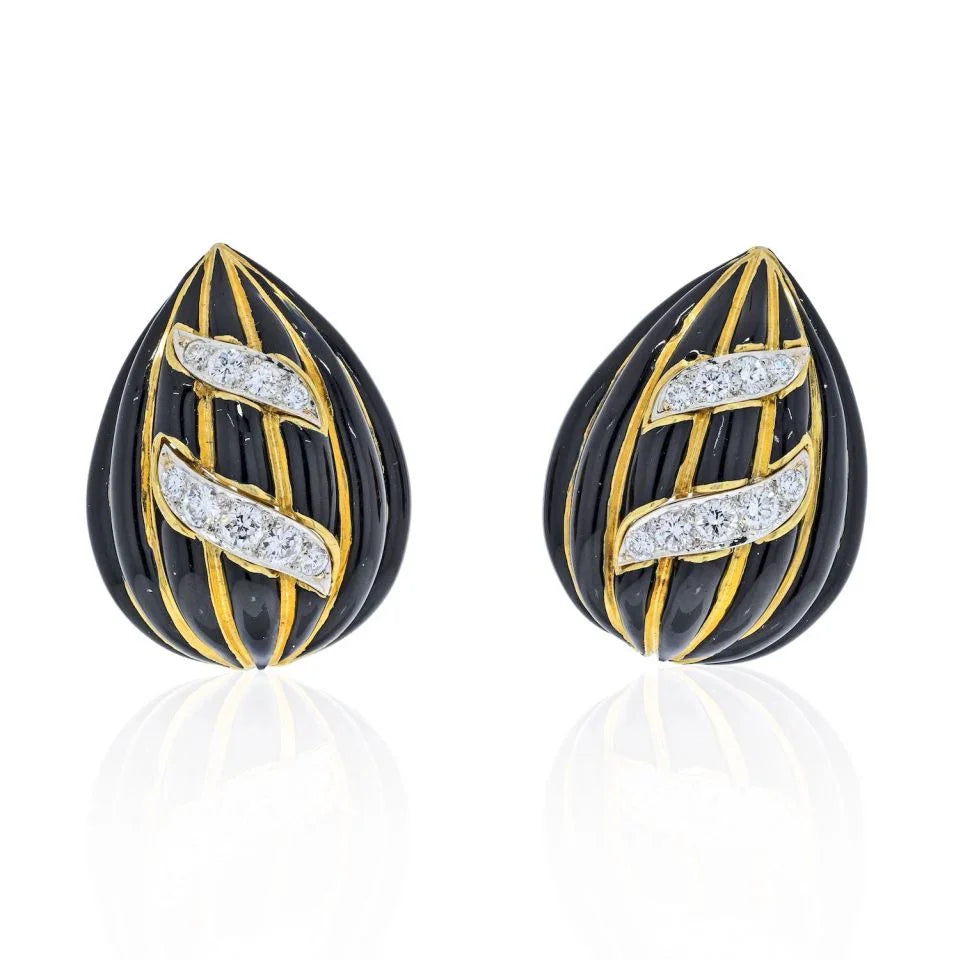 David Webb 18K Yellow Gold Black Enamel And Diamond Tear Drop Earrings — Laura Milman New York