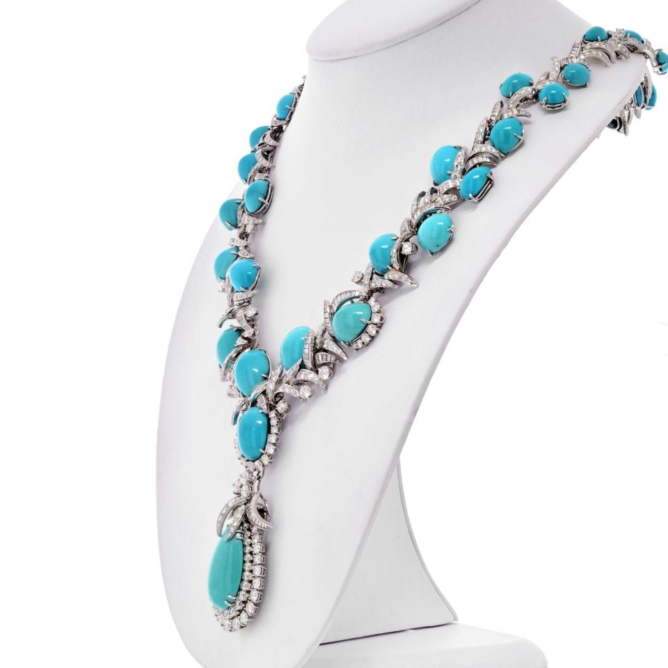David Webb Turquoise Platinum Turquoise And Diamond Necklace — view 2 — Laura Milman New York