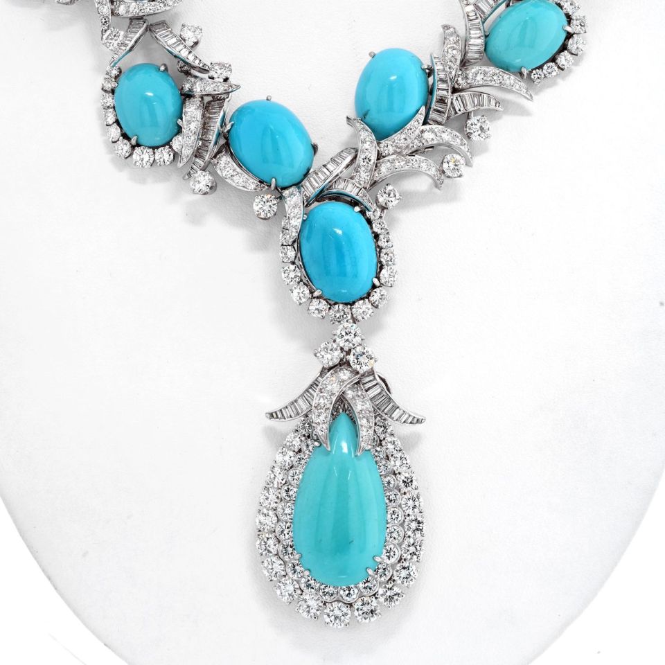 David Webb Turquoise Platinum Turquoise And Diamond Necklace — view 3 — Laura Milman New York
