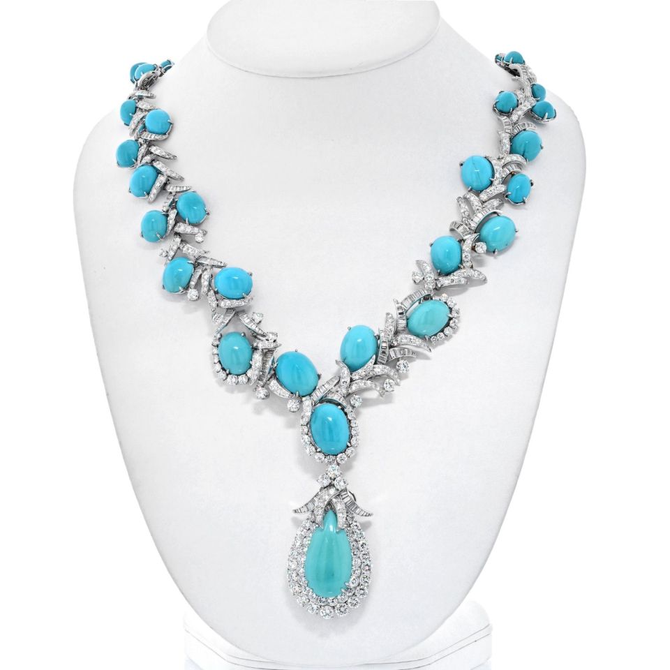 David Webb Turquoise Platinum Turquoise And Diamond Necklace — Laura Milman New York