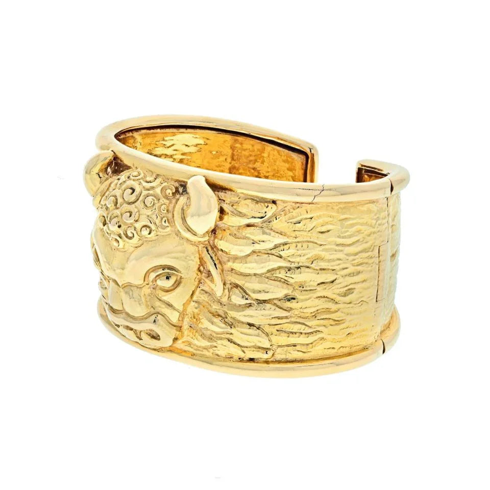 David Webb 18K Yellow Gold 1979 Taurus Bull Hinged Wide Cuff Bracelet — view 2 — Laura Milman New York