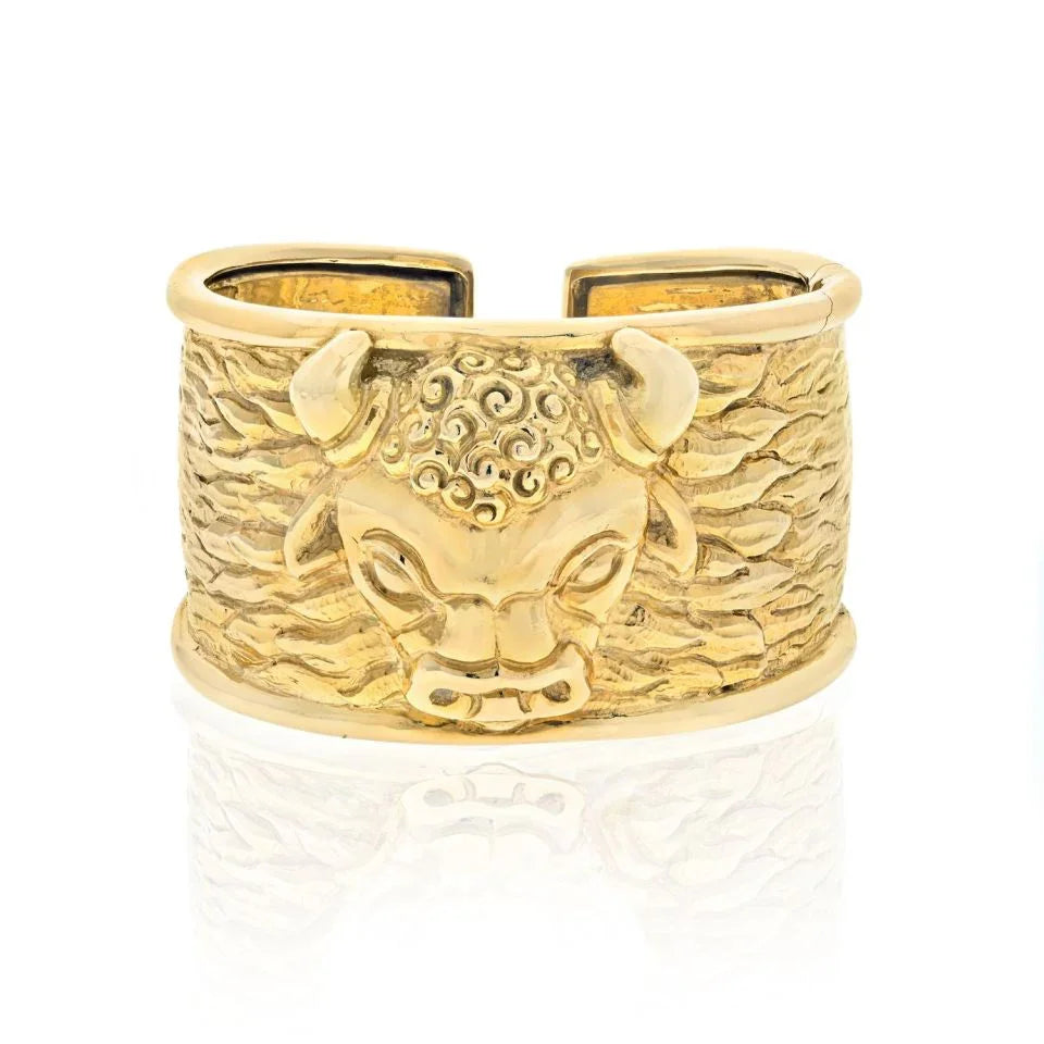 David Webb 18K Yellow Gold 1979 Taurus Bull Hinged Wide Cuff Bracelet — Laura Milman New York