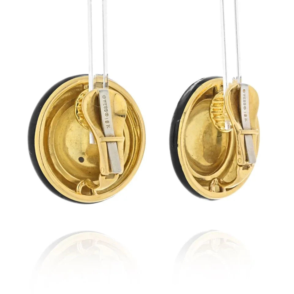David Webb Platinum & 18K Yellow Gold Hammered Gold And Black Enamel Clip Earrings — view 3 — Laura Milman New York