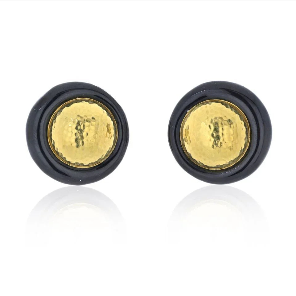 David Webb Platinum & 18K Yellow Gold Hammered Gold And Black Enamel Clip Earrings — Laura Milman New York