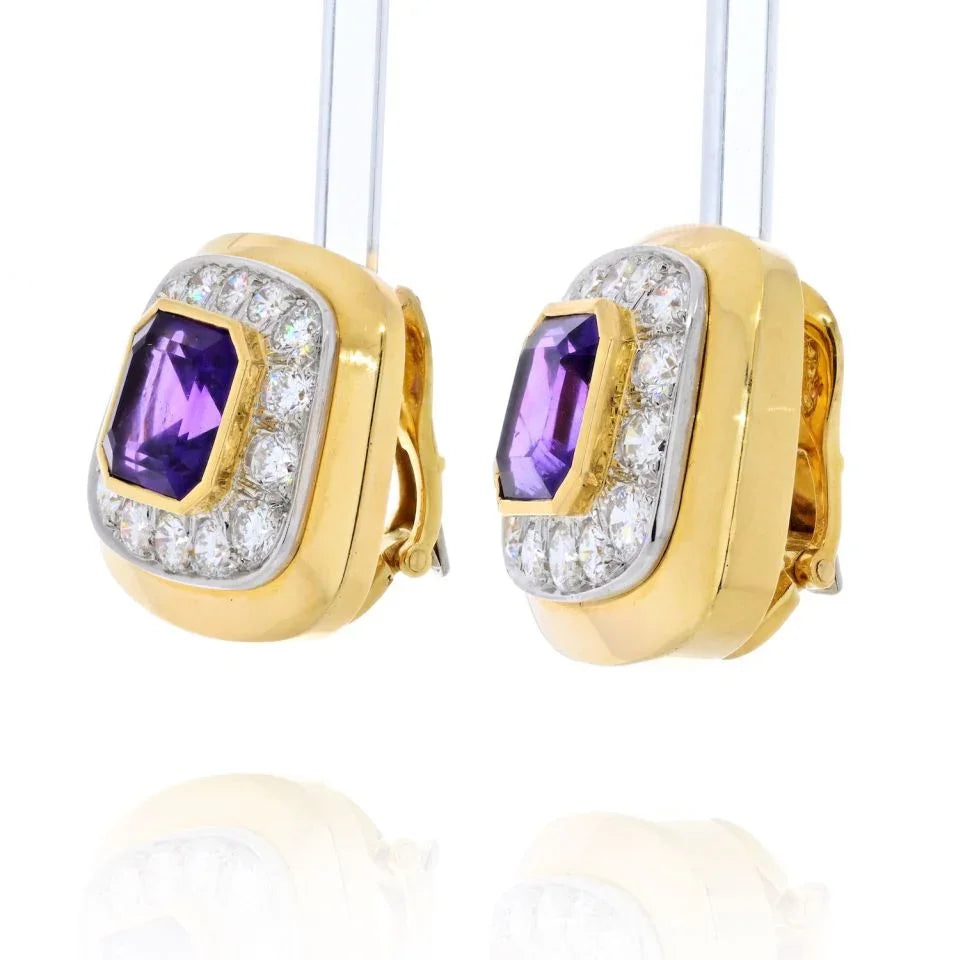 David Webb Platinum & 18K Yellow Gold Cushion Cut Amethyst And Diamond Clip On Earrings — view 2 — Laura Milman New York
