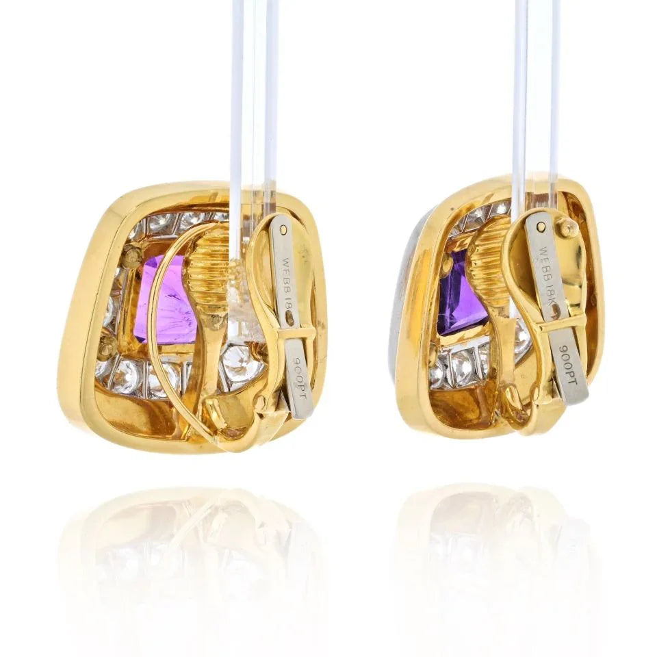 David Webb Platinum & 18K Yellow Gold Cushion Cut Amethyst And Diamond Clip On Earrings — view 3 — Laura Milman New York