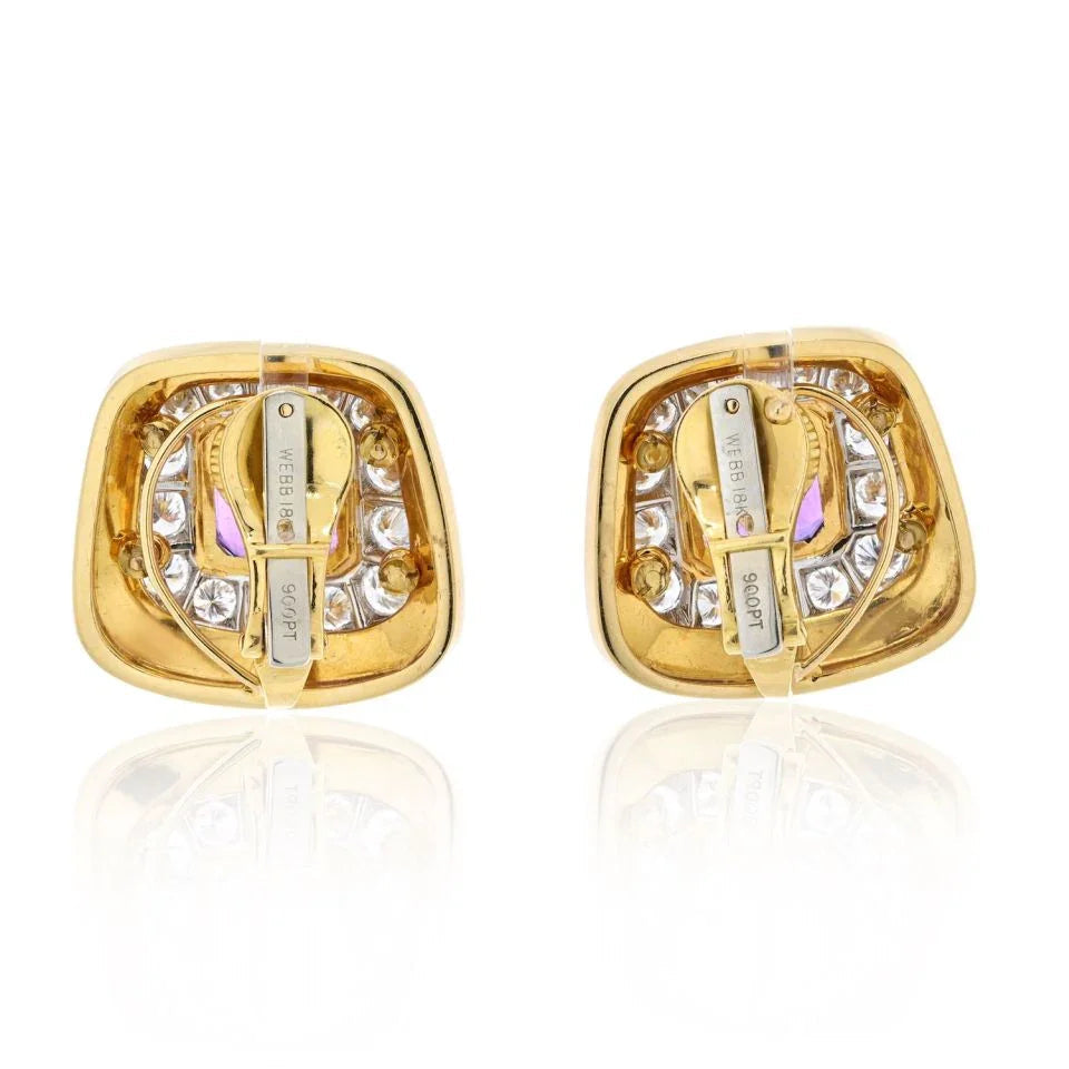 David Webb Platinum & 18K Yellow Gold Cushion Cut Amethyst And Diamond Clip On Earrings — view 4 — Laura Milman New York