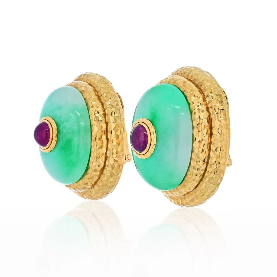 David Webb Platinum & 18K Yellow Gold Large Oversized Jade Ruby Clip On Earrings — view 2 — Laura Milman New York