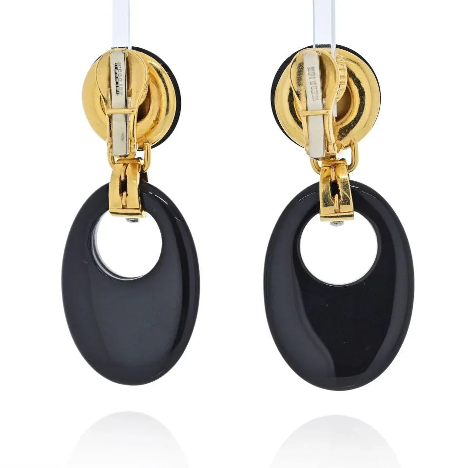 David Webb Platinum & 18K Yellow Gold Onyx And Coral Drop Door Knocker Earrings — view 4 — Laura Milman New York