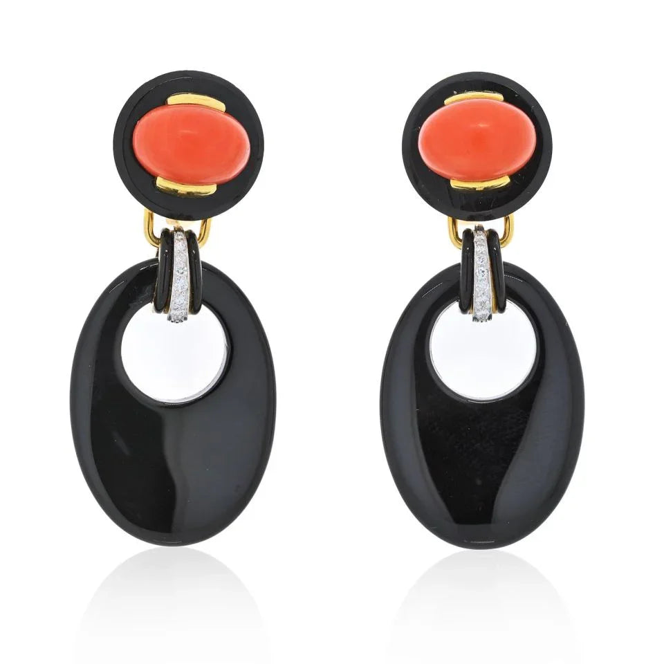 David Webb Platinum & 18K Yellow Gold Onyx And Coral Drop Door Knocker Earrings — Laura Milman New York