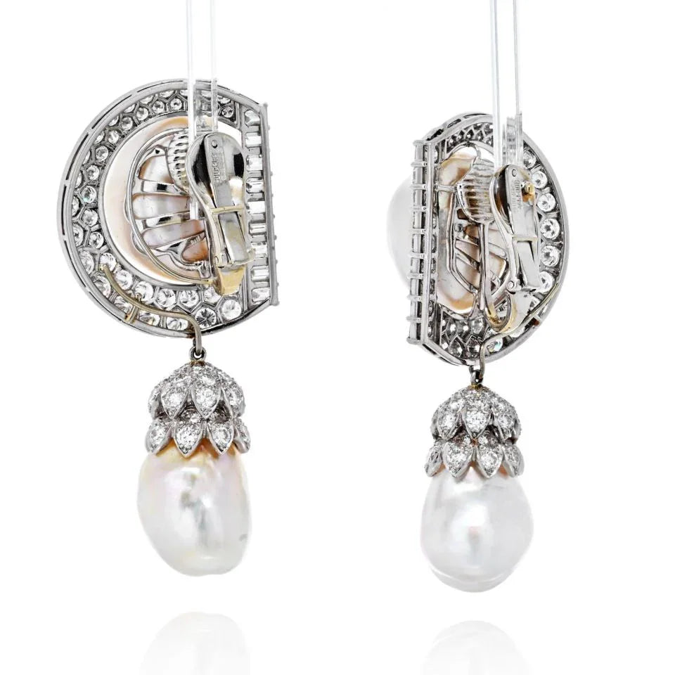 David Webb Platinum 9.92 CTTW Diamond And Pearl Day To Night Earrings — view 3 — Laura Milman New York