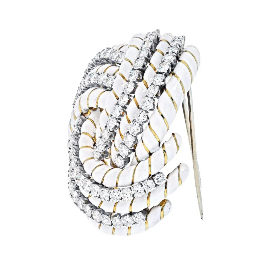 David Webb 18K Yellow Gold White Enamel And 8.00cttw Diamond Knot Brooch — view 2 — Laura Milman New York